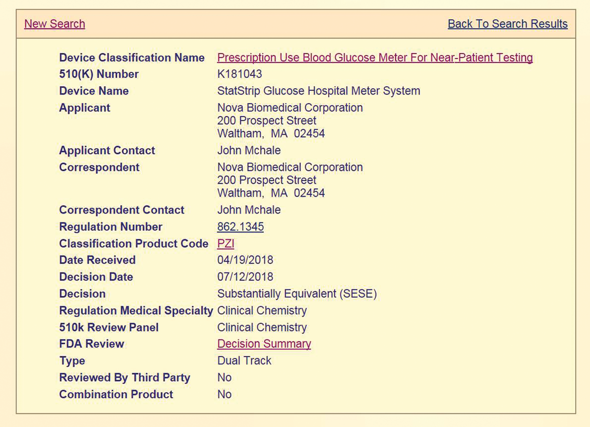 blood glucose meter fda classification