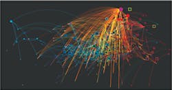 Figure 1. Screen capture of an artificial intelligence analysis and visualization mapping 300 disease trajectories over time. The purple circle in the upper-right corner represents sepsis. The size of the circles and squares depicts the relative number of patients represented, and categories of disease are differentiated by color. Figure 1. Screen capture of an artificial intelligence analysis and visualization mapping 300 disease trajectories over time. The purple circle in the upper-right corner represents sepsis. The size of the circles and squares depicts the relative number of patients represented, and categories of disease are differentiated by color.