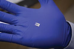 WPI post-doctoral fellow Sadegh Mehdi Aghaei holds a single chip in his gloved hand. WPI post-doctoral fellow Sadegh Mehdi Aghaei holds a single chip in his gloved hand.