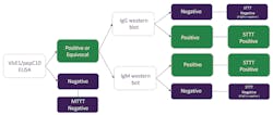 Figure 5. STTT algorithm used in this investigation is consistent with what was outlined by the CDC in 1994; however, in this case, the screening ELISA was the VlsE1/pepC10 IgG/IgM ELISA and all specimens positive or equivocal were reflexed to both the IgG and IgM Western blots. Figure 5. STTT algorithm used in this investigation is consistent with what was outlined by the CDC in 1994; however, in this case, the screening ELISA was the VlsE1/pepC10 IgG/IgM ELISA and all specimens positive or equivocal were reflexed to both the IgG and IgM Western blots.