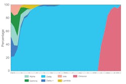 Figure 1. SARS-CoV-2 expanded lineage data over time from a cohort of outpatient participants in Los Angeles County and Riverside County, California, May 27, 2021 to January 1, 2022 (n= 820) Figure 1. SARS-CoV-2 expanded lineage data over time from a cohort of outpatient participants in Los Angeles County and Riverside County, California, May 27, 2021 to January 1, 2022 (n= 820)