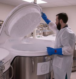 Michael Billion in our liquid nitrogen freezer room . Michael Billion in our liquid nitrogen freezer room .