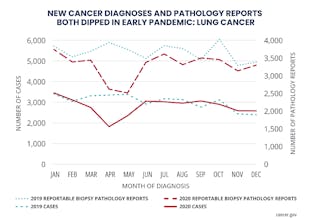 Lung cancer diagnoses fell from March 2020 to May 2020, one of six major cancer types to experience a dip during the early part of the pandemic. NCI.