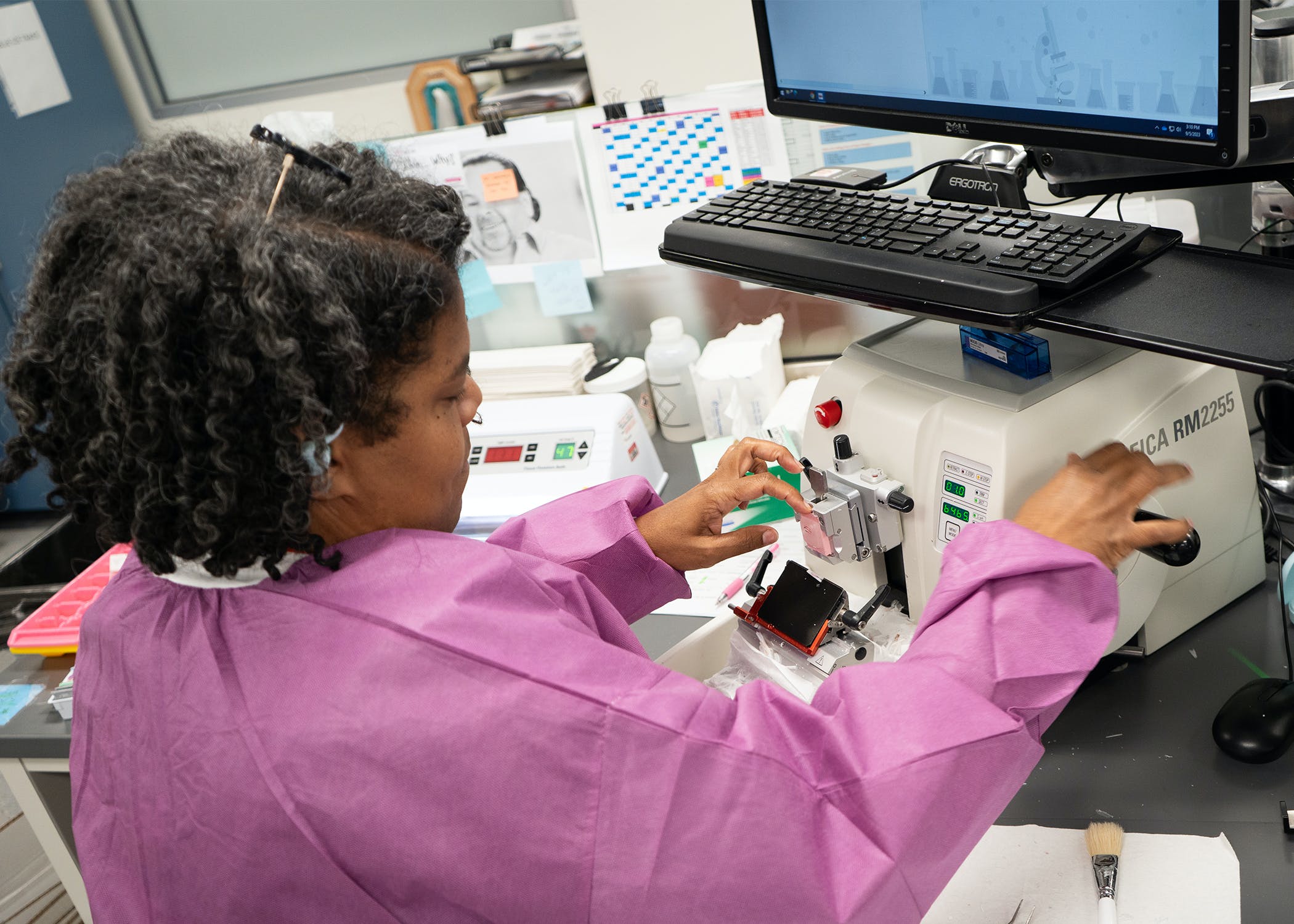 Traditional glass slides are converted into digital images in the pathology lab at The Ohio State University Comprehensive Cancer Center&mdash;Arthur G. James Cancer Hospital and Richard J. Solove Research Institute. The images are then scanned by AI technology to flag concerning characteristics that help pathologists make fast and accurate diagnoses.