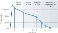 Figure 2. Ovarian reserve declines as age increases. Adapted from te Veldea ER, et al. Developmental and endocrine aspects of normal ovarian aging. Molecular and Cellular Endocrinology. 1998;145:67-73.