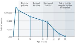 Figure 2. Ovarian reserve declines as age increases. Adapted from te Veldea ER, et al. Developmental and endocrine aspects of normal ovarian aging. Molecular and Cellular Endocrinology. 1998;145:67-73. Figure 2. Ovarian reserve declines as age increases. Adapted from te Veldea ER, et al. Developmental and endocrine aspects of normal ovarian aging. Molecular and Cellular Endocrinology. 1998;145:67-73.