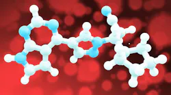 A white and blue model of a molecule shown using connected balls and pegs on a speckled red background. NIAID.