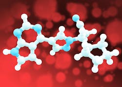 A white and blue model of a molecule shown using connected balls and pegs on a speckled red background. NIAID. A white and blue model of a molecule shown using connected balls and pegs on a speckled red background. NIAID.