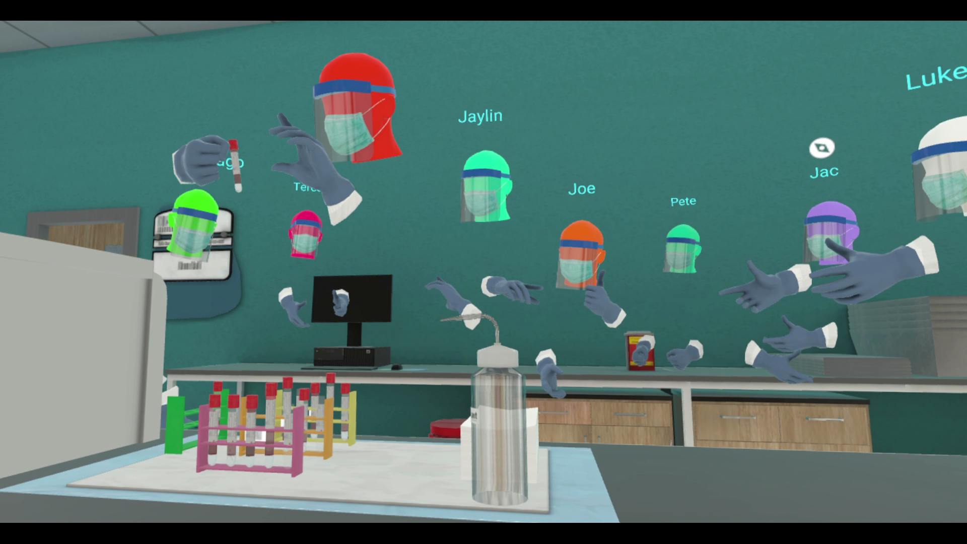 This image shows a group of learners engaged in a multiplayer virtual training session in OneLab VR. They are dressed in personal protective equipment (PPE) as they inspect a vial of blood before placing it into a centrifuge.