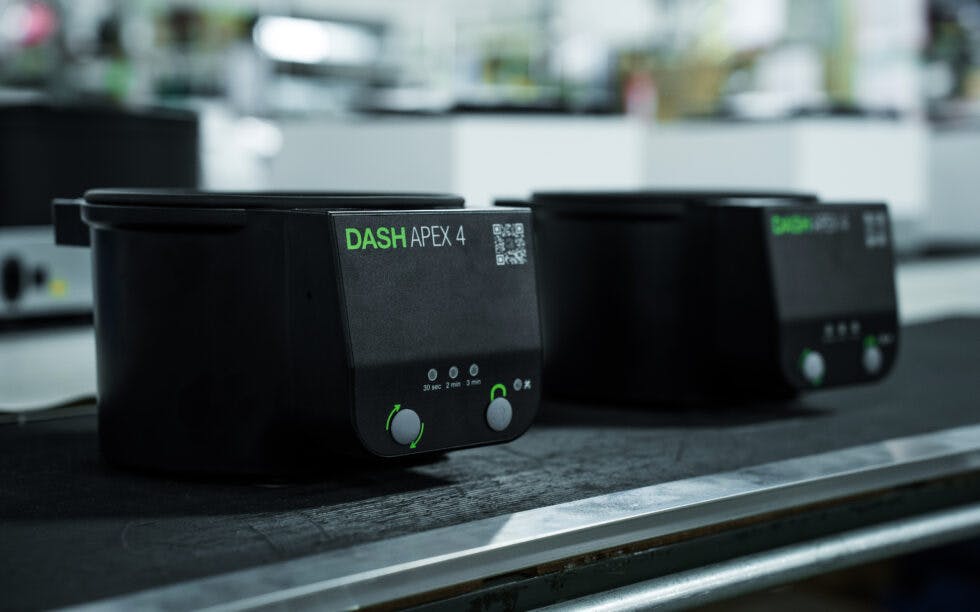 The new DASH Apex 4 centrifuge is prepared for shipping on the Drucker Diagnostics production line. The Apex 4 is the smallest model in the DASH STAT centrifuge family. Photo credit: Madison Berrier.