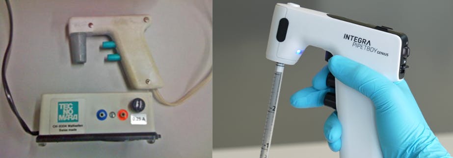 The first PIPETBOY was launched in 1981 (left) and the new PIPETBOY GENIUS was launched in 2024 (right).
