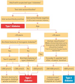 Figure 1. Flowchart to distinguish type 1 and type 2 diabetes.2 Figure 1. Flowchart to distinguish type 1 and type 2 diabetes.2