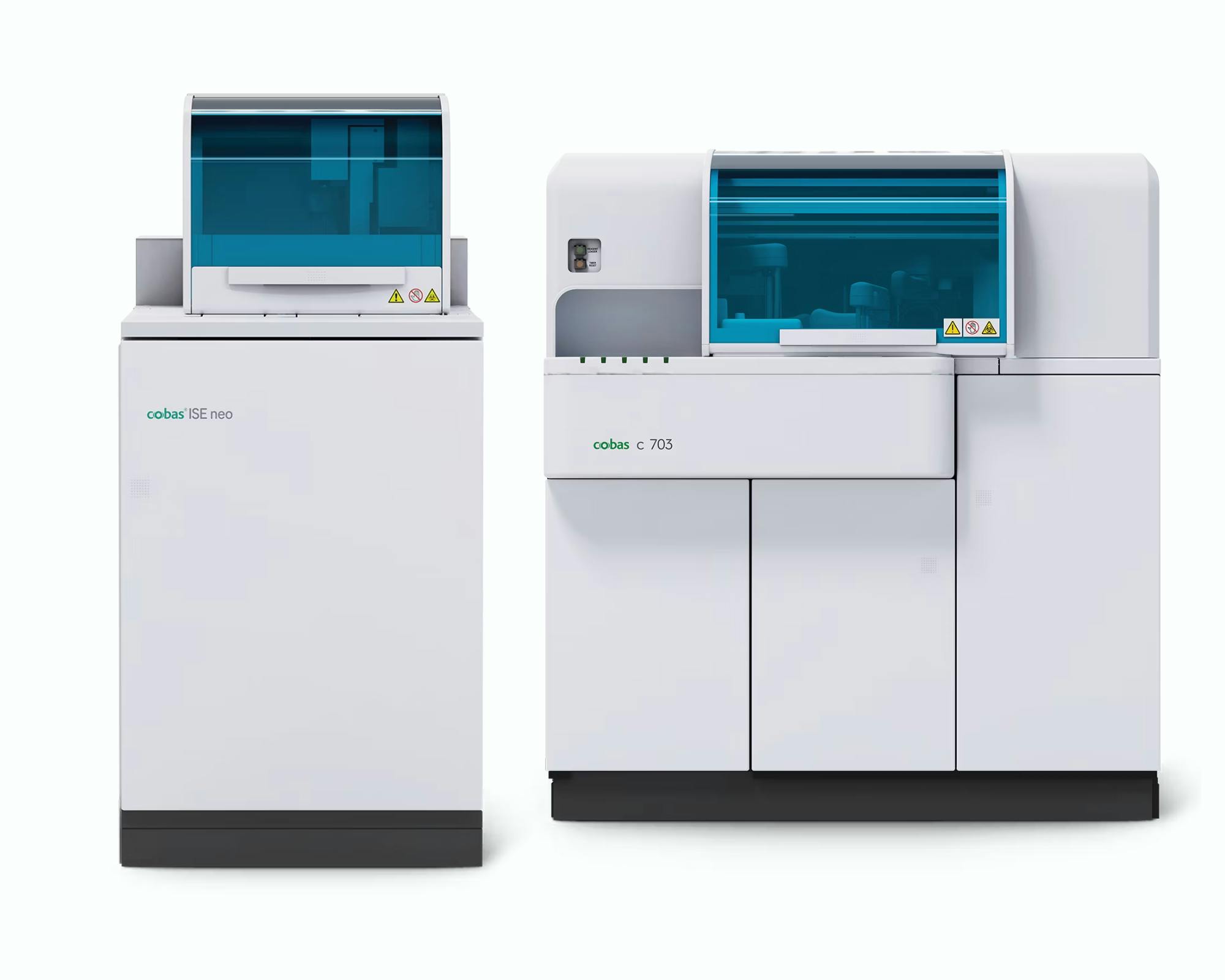 cobas ISE neo analytical unit (left) and cobas c 703 analytical unit (right).